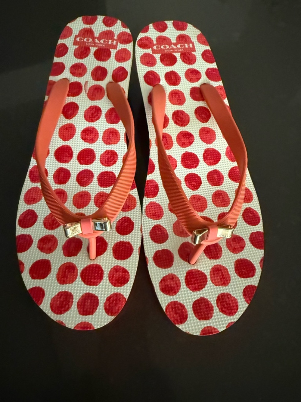 Coach Coral Flip Flops with Red Polka Dots
